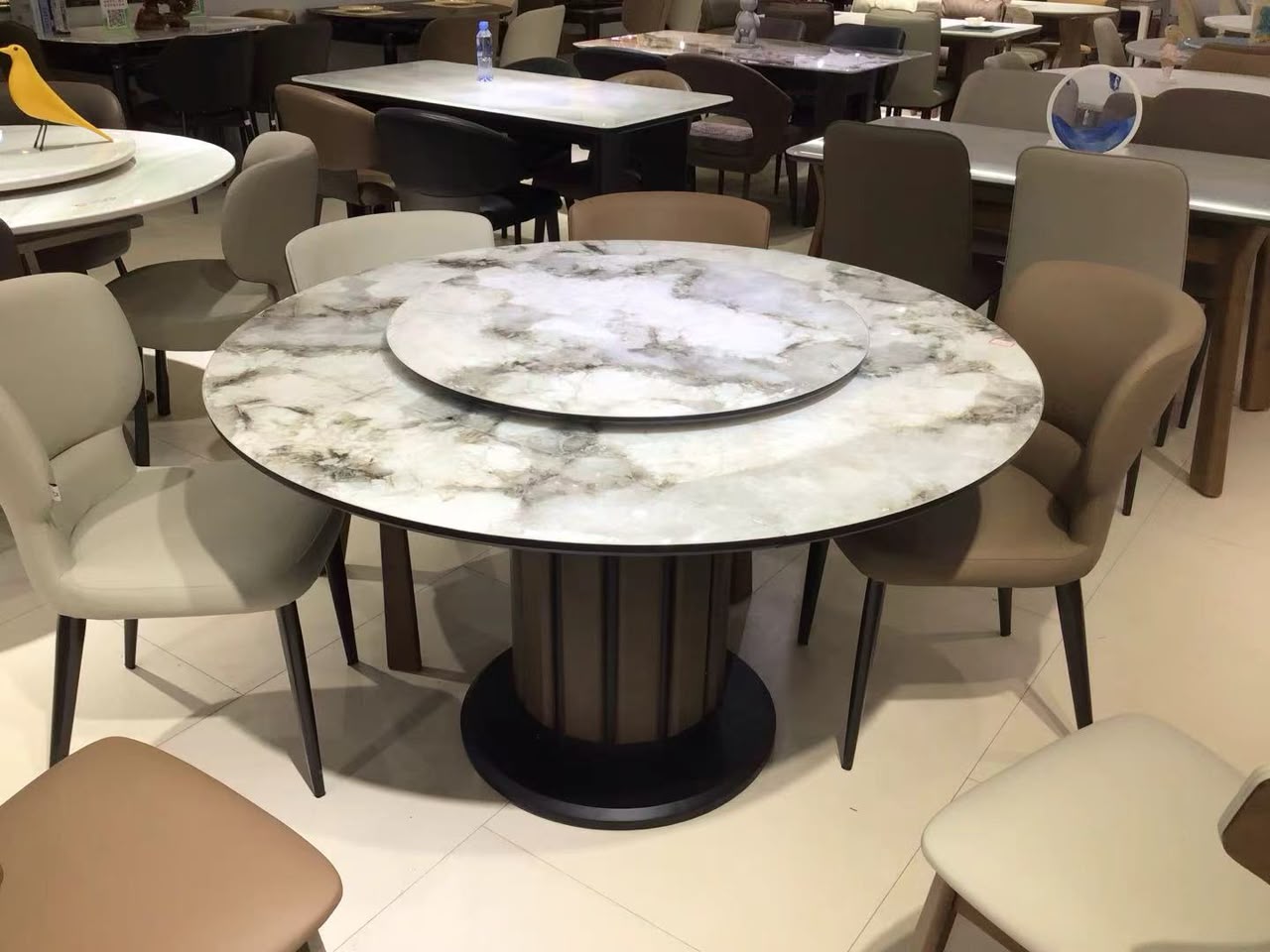 Round Marble-Effect Dining Table with Rotating Centre and Chairs